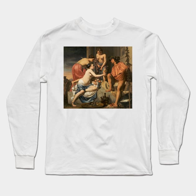 Bacchus on a Throne - Nymphs Offering Bacchus Wine and Fruit by Caesar van Everdingen Long Sleeve T-Shirt by Classic Art Stall